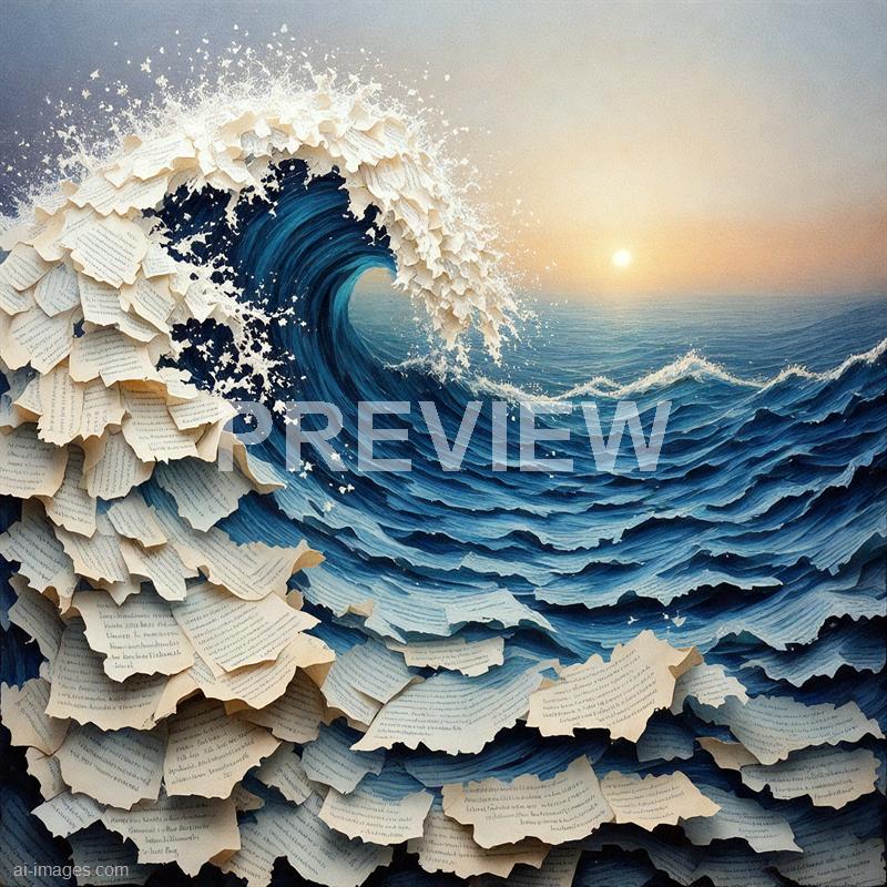 The image depicts a surreal scene of a large ocean wave crashing against a shoreline, with the wave composed entirely of torn pages from written documents. The pages are meticulously arranged to form the crest and body of the wave, with some pages fluttering away as if caught in the spray. In the background, a calm sunset sky with a soft orange hue adds a peaceful contrast to the turbulent, paper-made wave.
